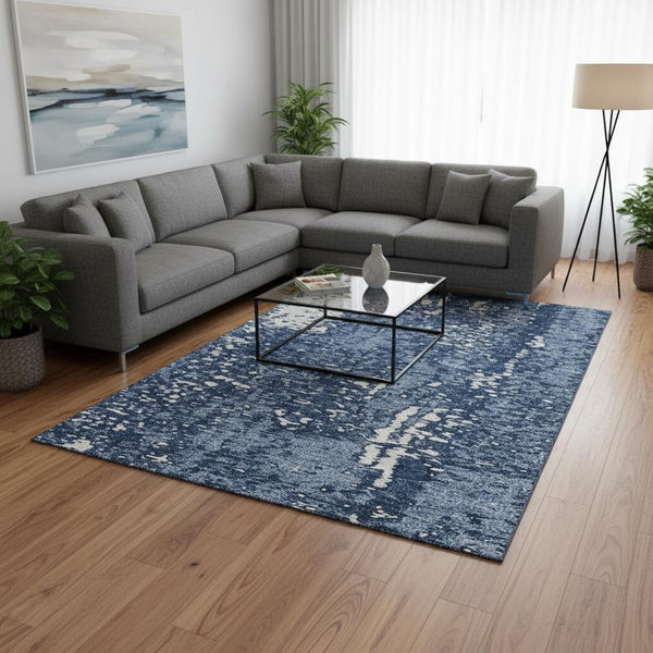 HomeRoots 10' X 14' Denim Blue & Ivory Abstract Area Rug - Washable, UV Protected, Stain Resistant for Busy Homes 675438