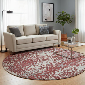 HomeRoots 8' Burgundy, Ivory & Gray Abstract Washable Round Rug - UV Protective, Durable & Stylish Floor Covering 675447