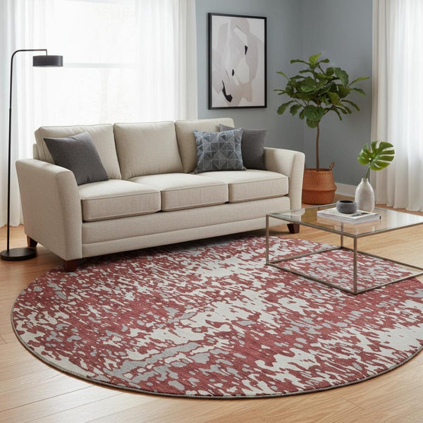 HomeRoots 8' Burgundy, Ivory & Gray Abstract Washable Round Rug - UV Protective, Durable & Stylish Floor Covering 675447