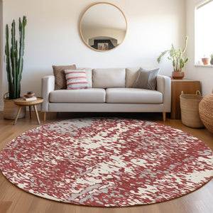 HomeRoots 8' Burgundy, Ivory & Gray Abstract Washable Round Rug - UV Protective, Durable & Stylish Floor Covering 675447