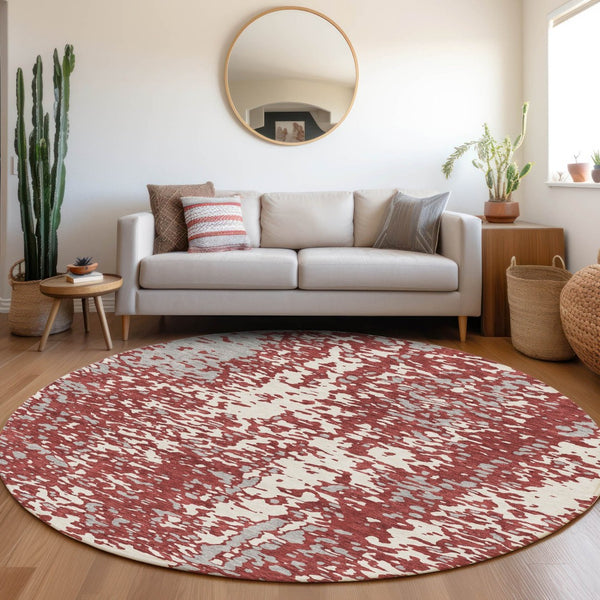 HomeRoots 8' Burgundy, Ivory & Gray Abstract Washable Round Rug - UV Protective, Durable & Stylish Floor Covering 675447