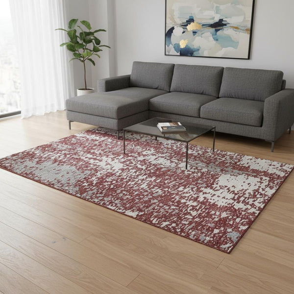 HomeRoots 8' X 10' Area Rug in Burgundy, Ivory & Gray - Washable, Stain-Resistant, UV Protected for Homes 675448