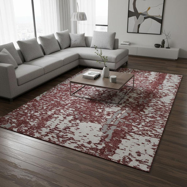 HomeRoots 10' Burgundy Ivory Gray Abstract Washable Area Rug - Durable, UV-Protected & Family-Friendly Design 675450