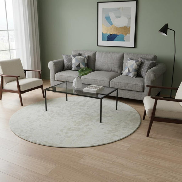 HomeRoots 8' Ivory and Beige Abstract Round Washable Rug - Durable, UV-Protected, Stylish for High-Traffic Areas 675453