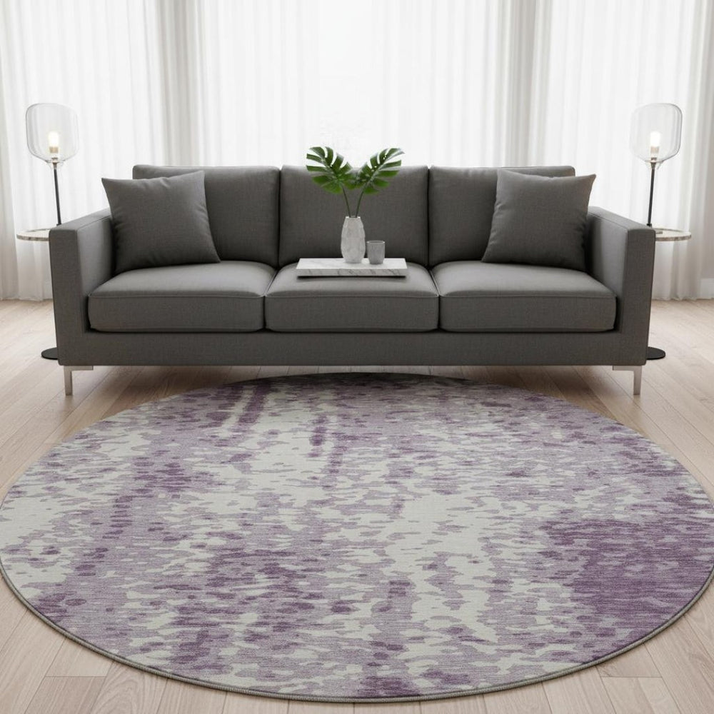 HomeRoots 8' Lavender and Ivory Abstract Round Rug – Washable, UV-Protected, Stain-Resistant Soft Flooring Solution 675459