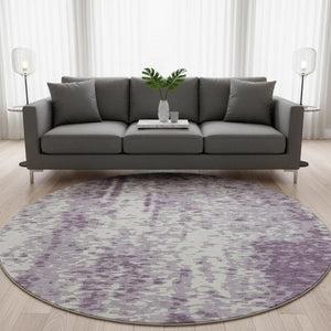 HomeRoots 8' Lavender and Ivory Abstract Round Rug – Washable, UV-Protected, Stain-Resistant Soft Flooring Solution 675459