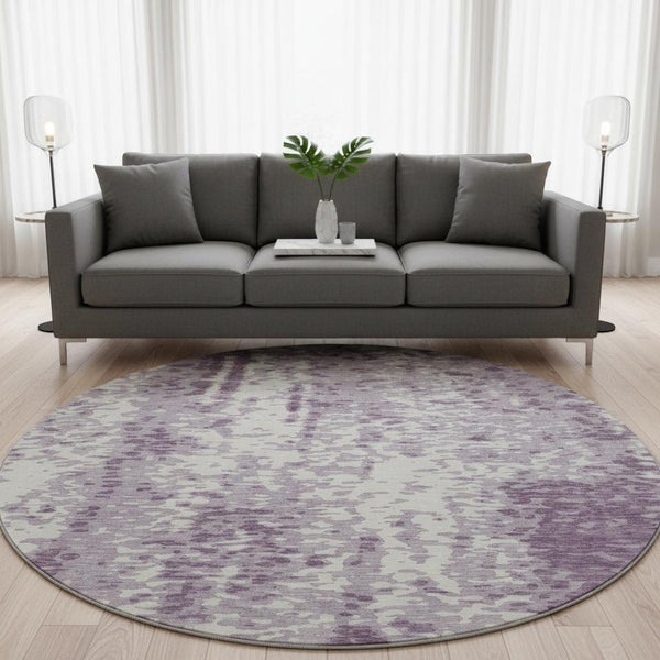 HomeRoots 8' Lavender and Ivory Abstract Round Rug – Washable, UV-Protected, Stain-Resistant Soft Flooring Solution 675459