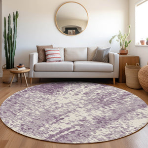 HomeRoots 8' Lavender and Ivory Abstract Round Rug – Washable, UV-Protected, Stain-Resistant Soft Flooring Solution 675459