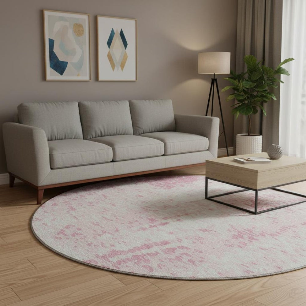 HomeRoots 8' Pink And Ivory Abstract Round Rug - Washable, UV Protected, Non-Slip, Perfect for Kids & Pets! 675465