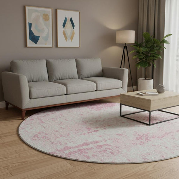 HomeRoots 8' Pink And Ivory Abstract Round Rug - Washable, UV Protected, Non-Slip, Perfect for Kids & Pets! 675465
