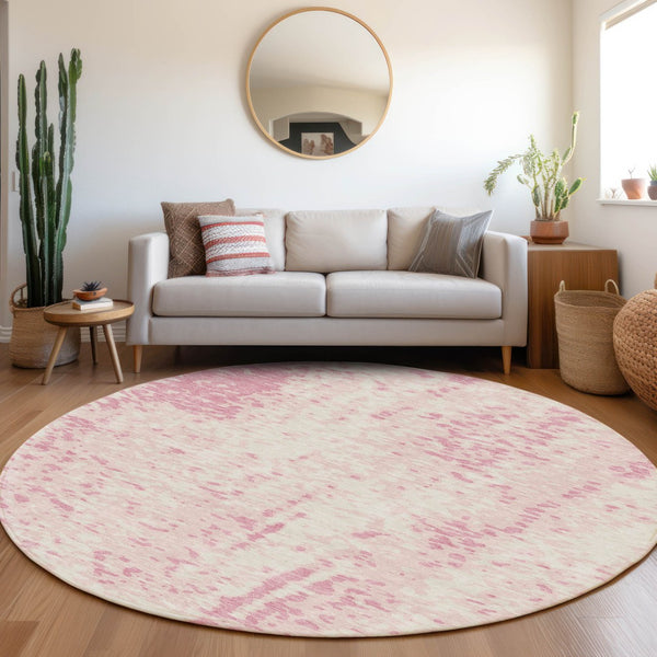 HomeRoots 8' Pink And Ivory Abstract Round Rug - Washable, UV Protected, Non-Slip, Perfect for Kids & Pets! 675465