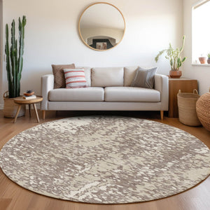 HomeRoots 8' Taupe and Ivory Abstract Round Rug - Washable, Stain-Resistant, UV Protected for Modern Spaces 675471