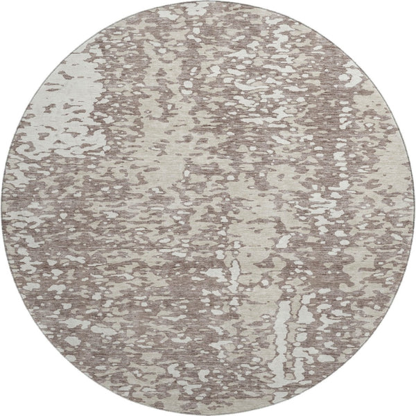 HomeRoots 8' Taupe and Ivory Abstract Round Rug - Washable, Stain-Resistant, UV Protected for Modern Spaces 675471