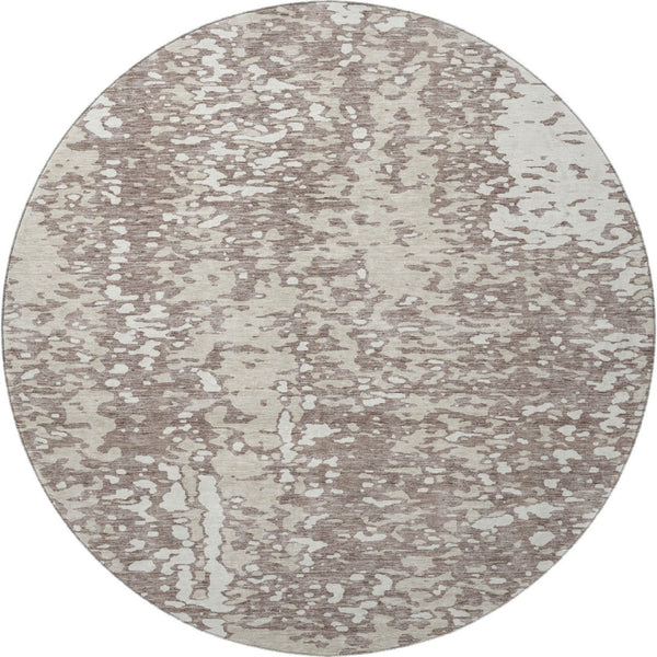 HomeRoots 8' Taupe and Ivory Abstract Round Rug - Washable, Stain-Resistant, UV Protected for Modern Spaces 675471