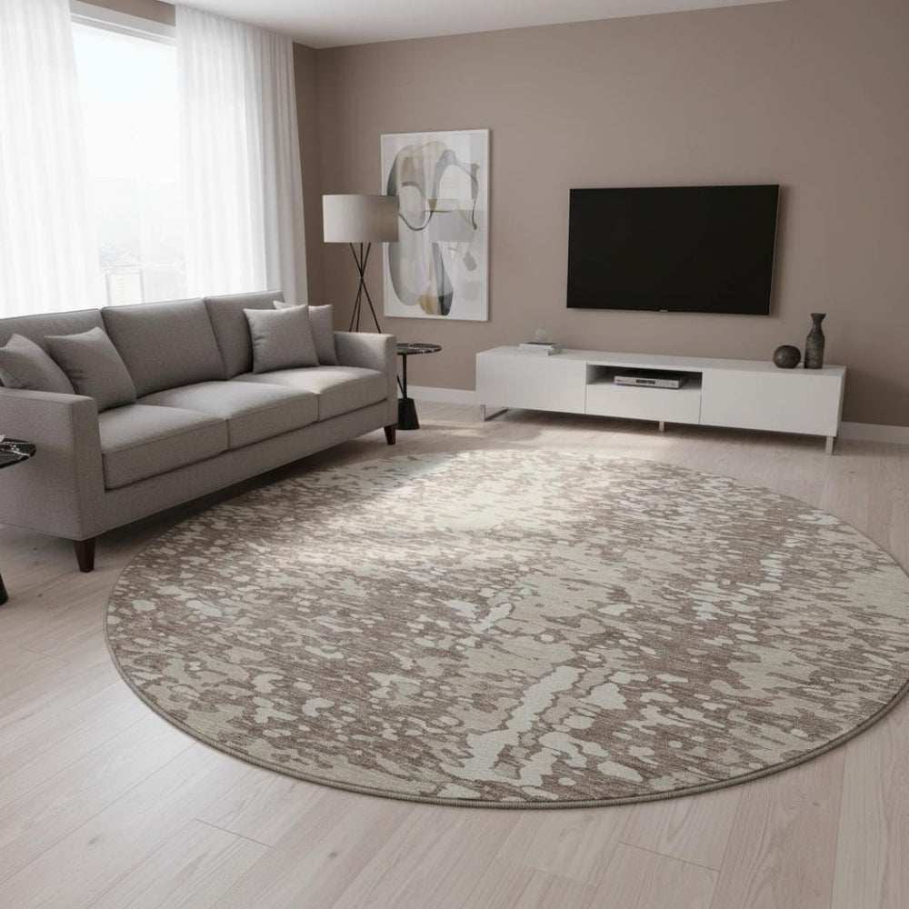 HomeRoots 8' Taupe and Ivory Abstract Round Rug - Washable, Stain-Resistant, UV Protected for Modern Spaces 675471