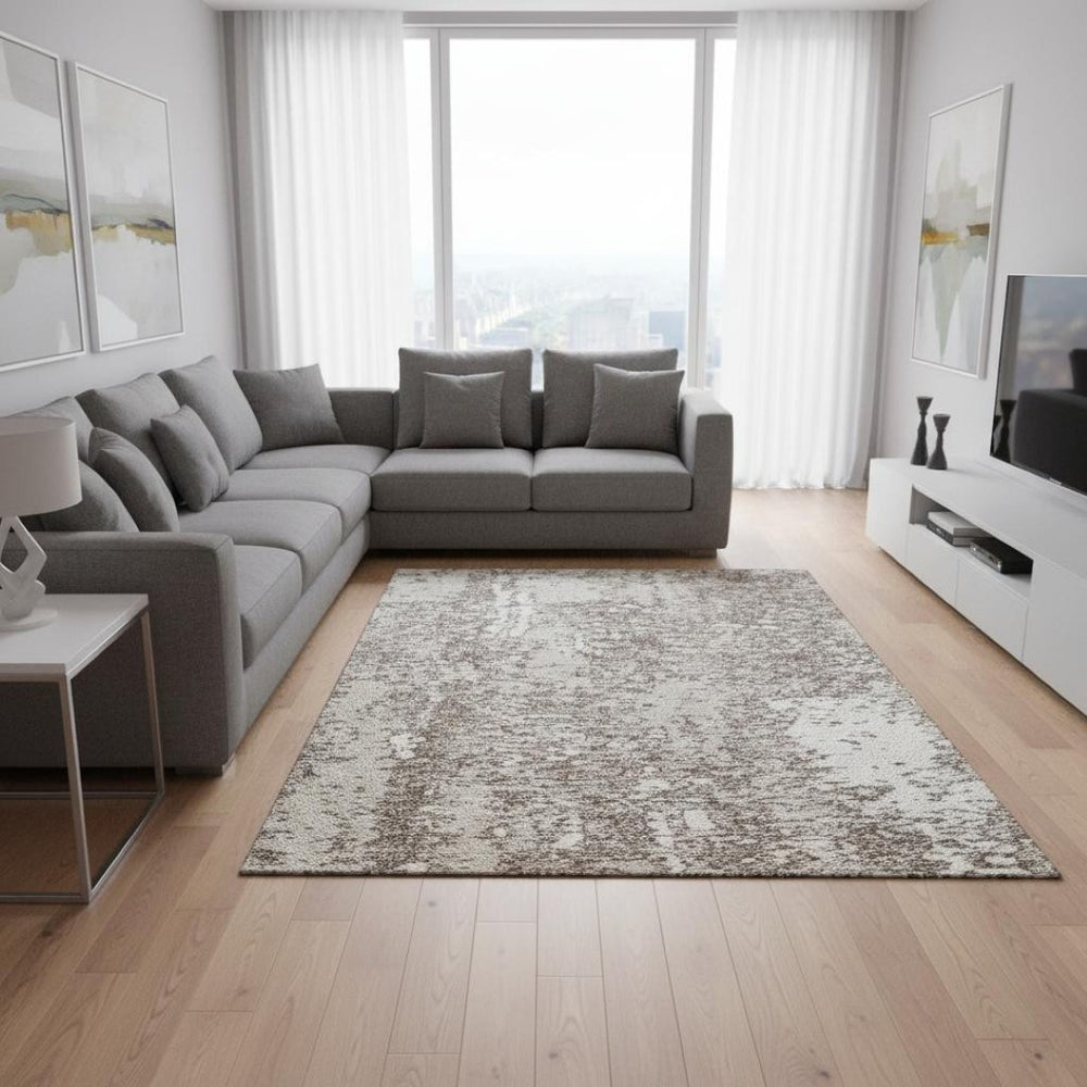HomeRoots 8' X 10' Taupe and Ivory Abstract Area Rug - Washable, UV-Protected, Stylish for High-Traffic Spaces 675472