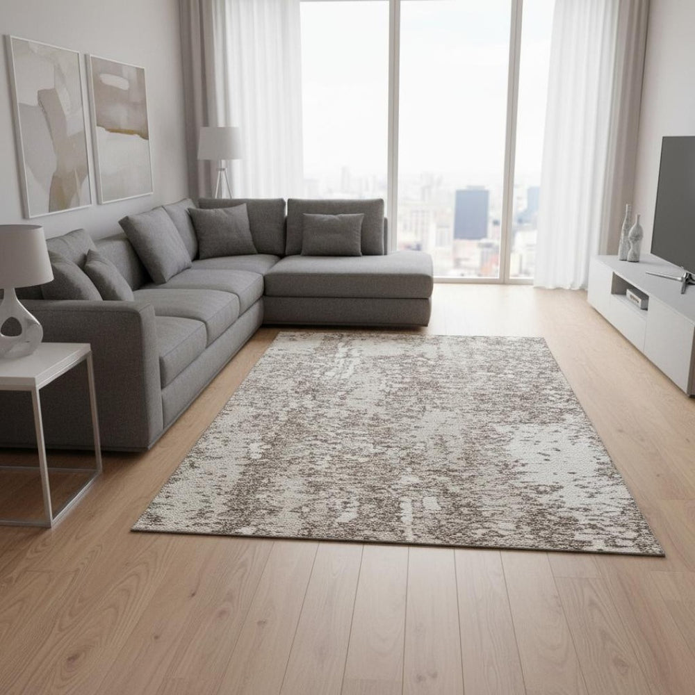 HomeRoots 9' X 12' Taupe And Ivory Abstract Area Rug - Washable, UV-Protected, Stylish & Stain-Resistant Design 675473