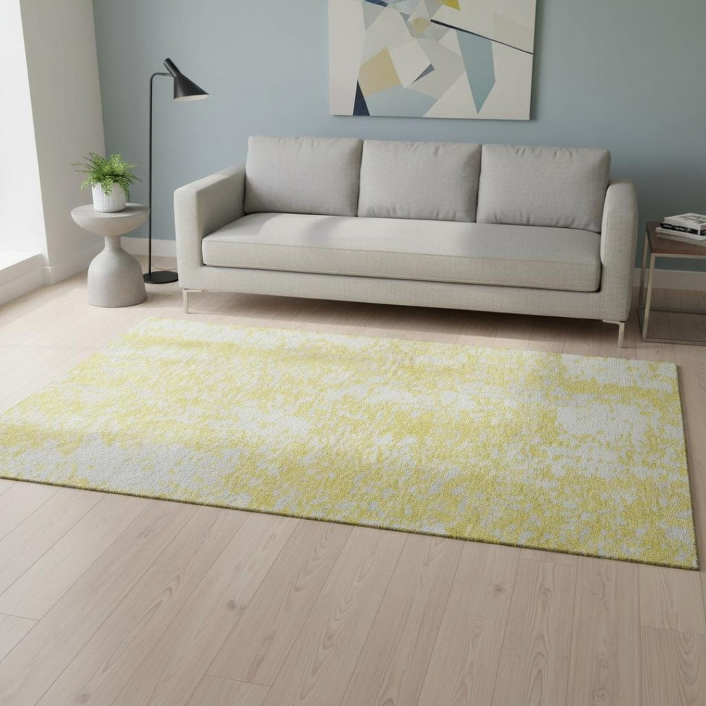 HomeRoots 5' X 8' Abstract Washable Area Rug in Yellow & Ivory – Durable, UV-Protected, Easy-Care Design! 675476