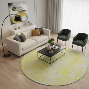 HomeRoots 8' Yellow And Ivory Abstract Round Rug - Washable, UV-Protected, Durable Design for Active Spaces 675477