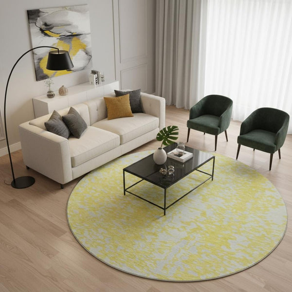 HomeRoots 8' Yellow And Ivory Abstract Round Rug - Washable, UV-Protected, Durable Design for Active Spaces 675477