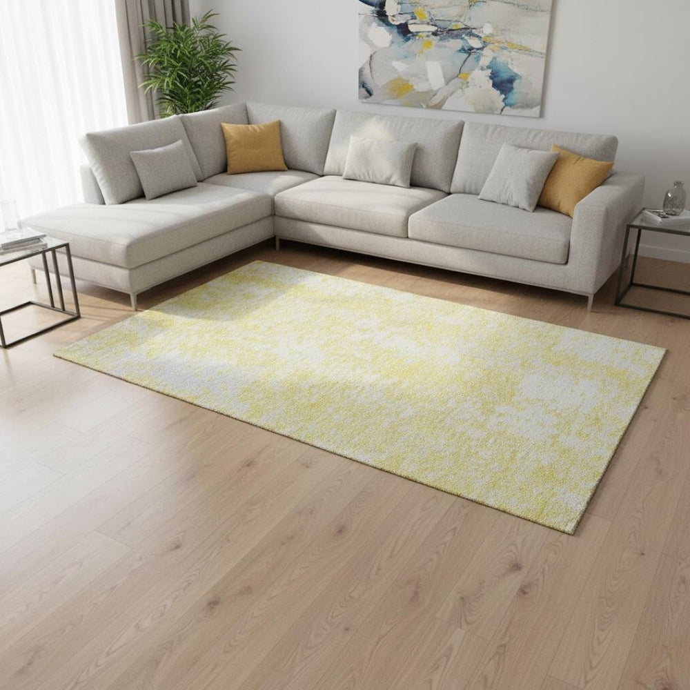 HomeRoots 9' X 12' Washable Yellow and Ivory Abstract Area Rug with UV Protection – Perfect for Family Spaces! 675479