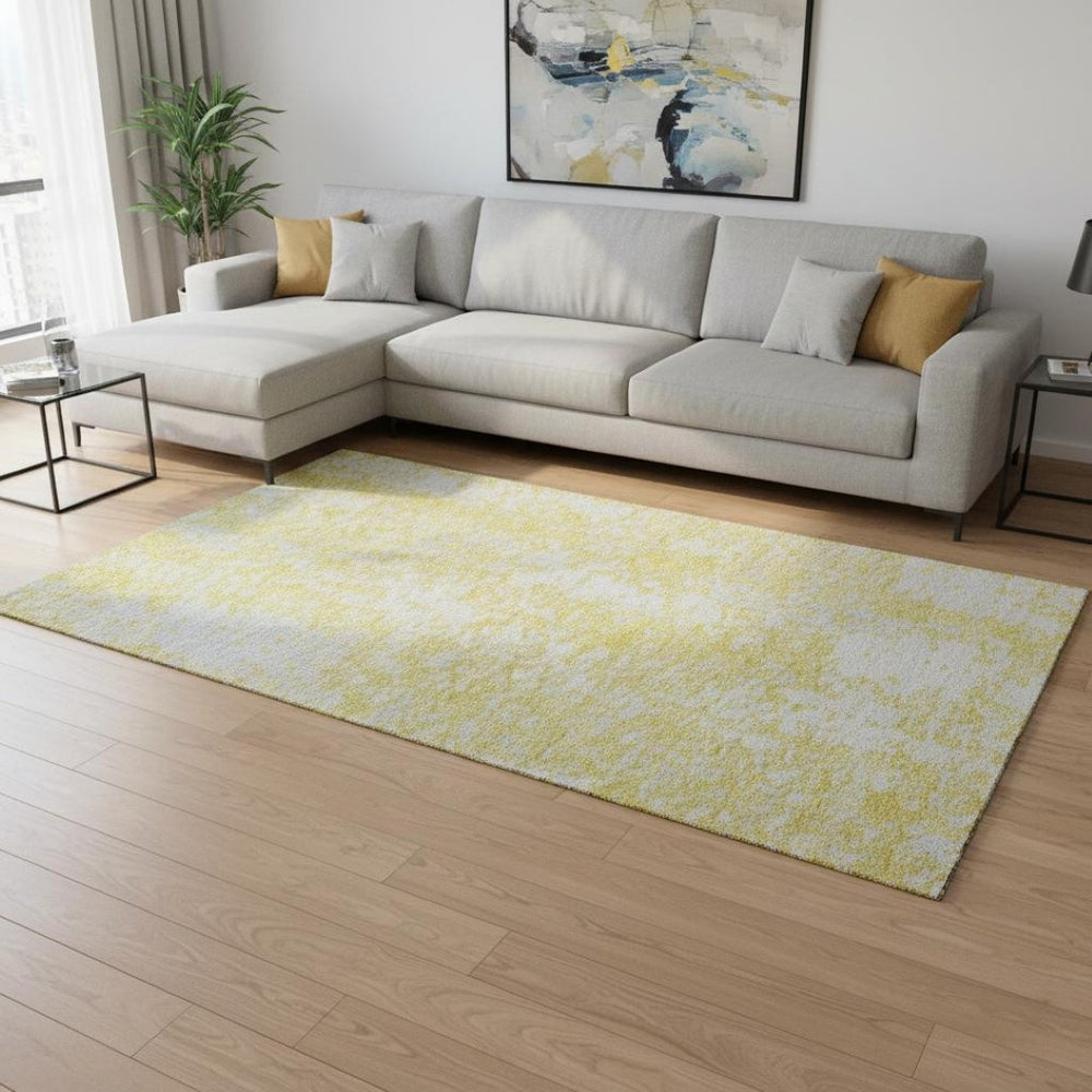 HomeRoots 10' X 14' Yellow And Ivory Abstract Area Rug - Washable, UV Protected, Durable & Stylish for Homes 675480