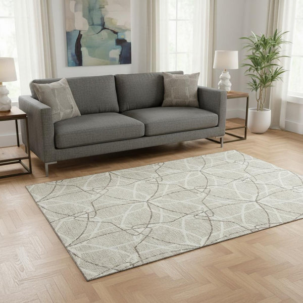 HomeRoots 5' X 8' Geometric Washable Area Rug in Beige, Ivory & Taupe – Durable, Stylish & UV Protected Design! 675482