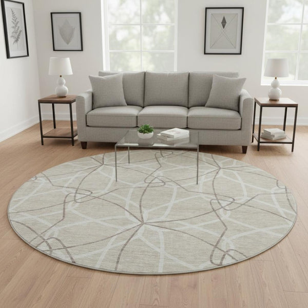 HomeRoots 8' Beige Ivory Taupe Geometric Round Rug - Washable, UV Protected, Durable & Stylish for Homes 675483