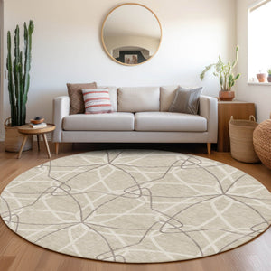 HomeRoots 8' Beige Ivory Taupe Geometric Round Rug - Washable, UV Protected, Durable & Stylish for Homes 675483