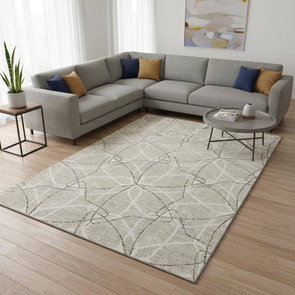 HomeRoots 8' X 10' Washable Geometric Area Rug in Beige, Ivory & Taupe - UV Protected & Stain Resistant Design 675484