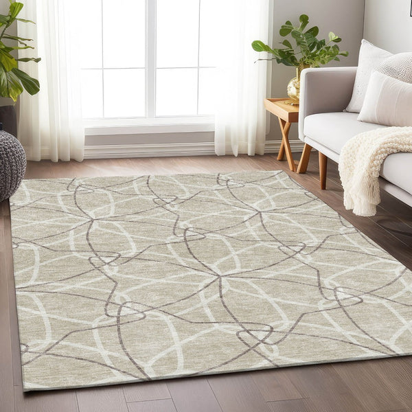 HomeRoots 8' X 10' Washable Geometric Area Rug in Beige, Ivory & Taupe - UV Protected & Stain Resistant Design 675484