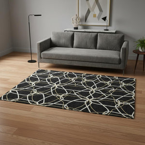 HomeRoots 5' X 8' Elegant Black Ivory Gold Geometric Washable Area Rug – UV Protected, Stain Resistant Design 675488