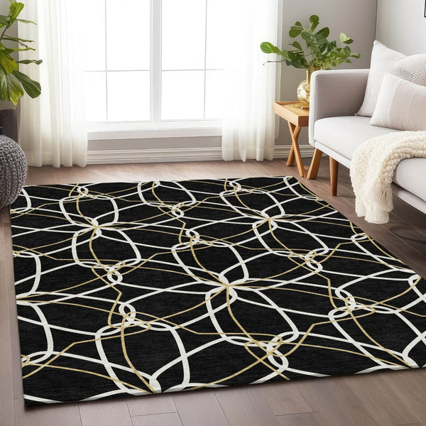 HomeRoots 5' X 8' Elegant Black Ivory Gold Geometric Washable Area Rug – UV Protected, Stain Resistant Design 675488