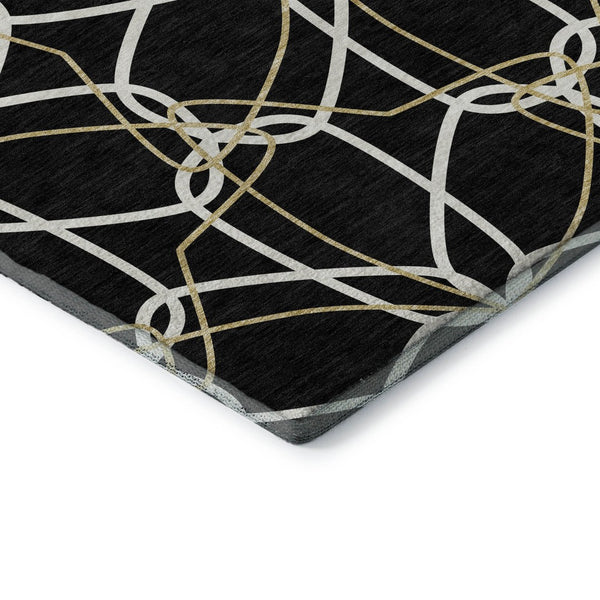 HomeRoots 5' X 8' Elegant Black Ivory Gold Geometric Washable Area Rug – UV Protected, Stain Resistant Design 675488
