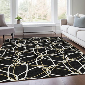 HomeRoots 5' X 8' Elegant Black Ivory Gold Geometric Washable Area Rug – UV Protected, Stain Resistant Design 675488