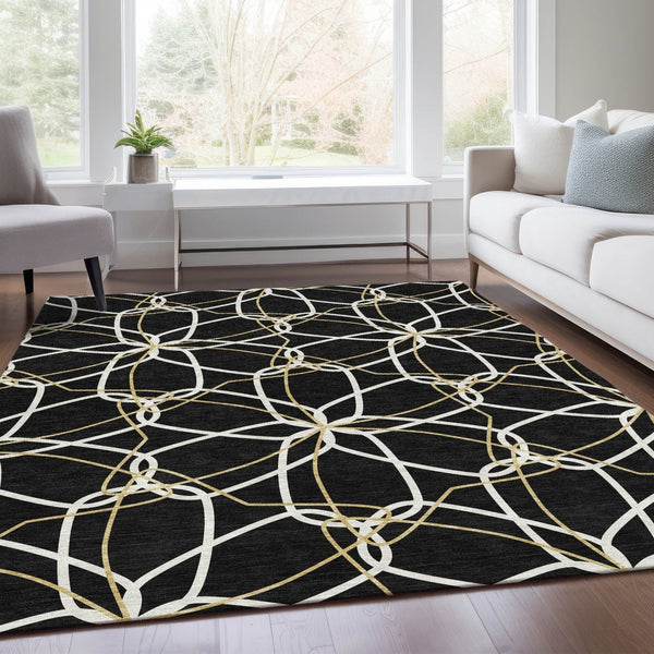 HomeRoots 5' X 8' Elegant Black Ivory Gold Geometric Washable Area Rug – UV Protected, Stain Resistant Design 675488
