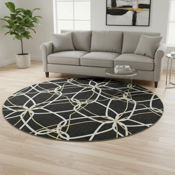 HomeRoots 8' Modern Geometric Washable Round Rug in Black, Ivory & Gold - UV Protected, Stain Resistant, Durable 675489