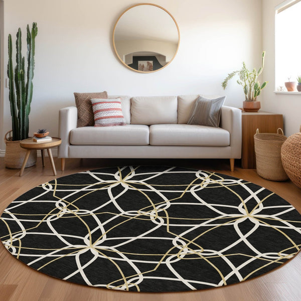 HomeRoots 8' Modern Geometric Washable Round Rug in Black, Ivory & Gold - UV Protected, Stain Resistant, Durable 675489