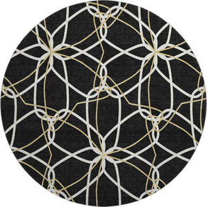 HomeRoots 8' Modern Geometric Washable Round Rug in Black, Ivory & Gold - UV Protected, Stain Resistant, Durable 675489