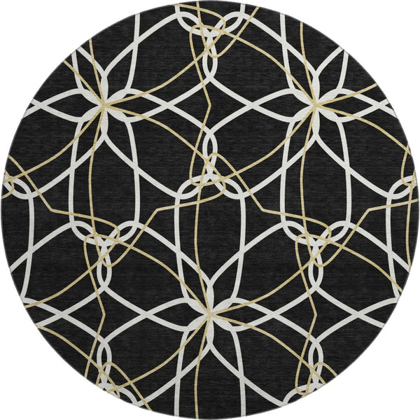 HomeRoots 8' Modern Geometric Washable Round Rug in Black, Ivory & Gold - UV Protected, Stain Resistant, Durable 675489
