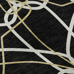 HomeRoots 8' Modern Geometric Washable Round Rug in Black, Ivory & Gold - UV Protected, Stain Resistant, Durable 675489
