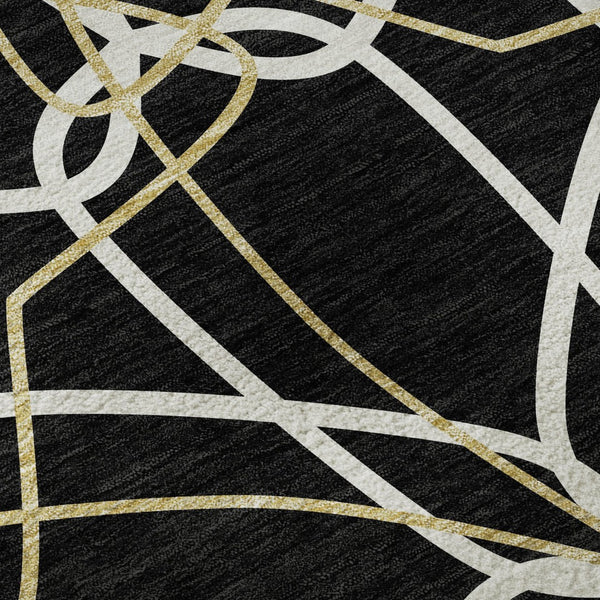HomeRoots 8' Modern Geometric Washable Round Rug in Black, Ivory & Gold - UV Protected, Stain Resistant, Durable 675489