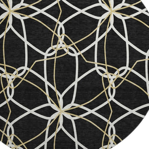 HomeRoots 8' Modern Geometric Washable Round Rug in Black, Ivory & Gold - UV Protected, Stain Resistant, Durable 675489
