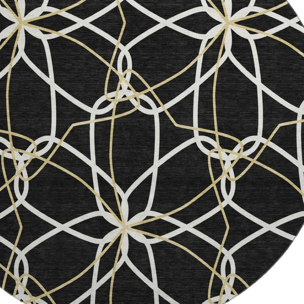 HomeRoots 8' Modern Geometric Washable Round Rug in Black, Ivory & Gold - UV Protected, Stain Resistant, Durable 675489