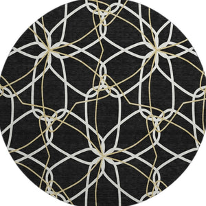HomeRoots 8' Modern Geometric Washable Round Rug in Black, Ivory & Gold - UV Protected, Stain Resistant, Durable 675489