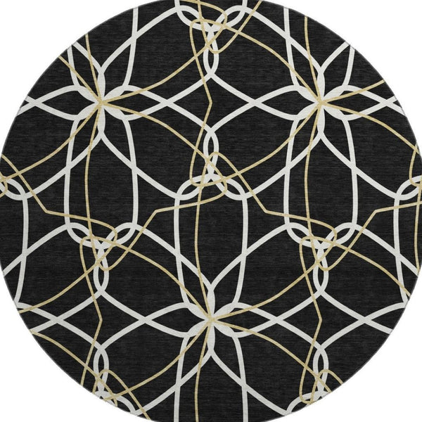 HomeRoots 8' Modern Geometric Washable Round Rug in Black, Ivory & Gold - UV Protected, Stain Resistant, Durable 675489