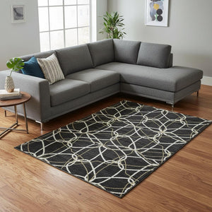 HomeRoots 8' X 10' Washable Black, Ivory & Gold Geometric Area Rug with UV Protection for Stylish Homes 675490