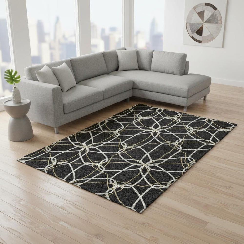 HomeRoots 9' X 12' Black Ivory and Gold Geometric Area Rug - Washable, UV-Protected, Perfect for Busy Homes! 675491