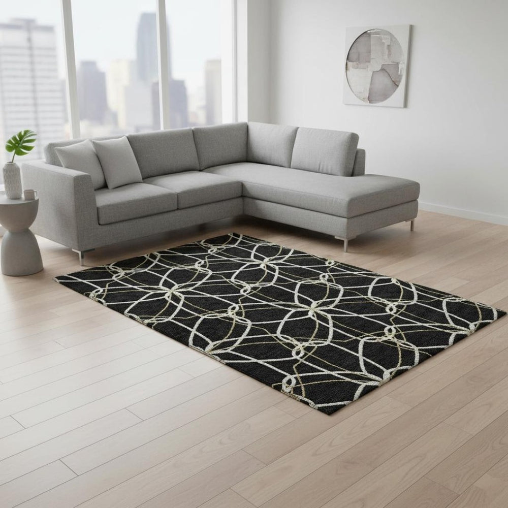 HomeRoots 10' X 14' Stylish Black Ivory Gold Geometric Area Rug - Washable, UV Protected, Perfect for Families 675492