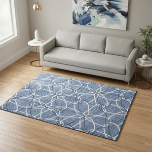 HomeRoots 5' X 8' Denim Blue & Ivory Geometric Area Rug - Washable, UV-Protected, Stain Resistant & Soft Surface 675494